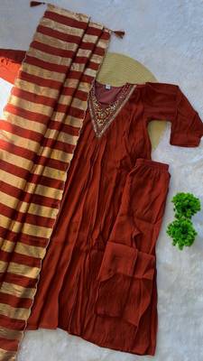 orange color handwork neckline mull chanderi kurti palazzo set 5