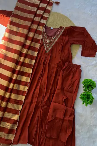 orange color handwork neckline mull chanderi kurti palazzo set