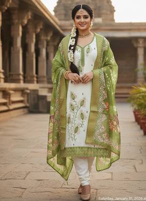 white embroidered roman silk unstitched dress material  1