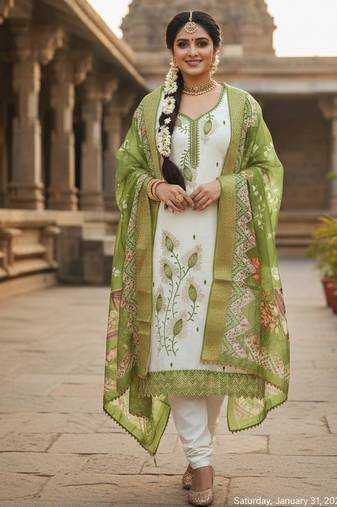 white embroidered roman silk unstitched dress material 