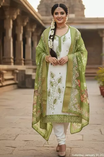 white embroidered roman silk unstitched dress material 