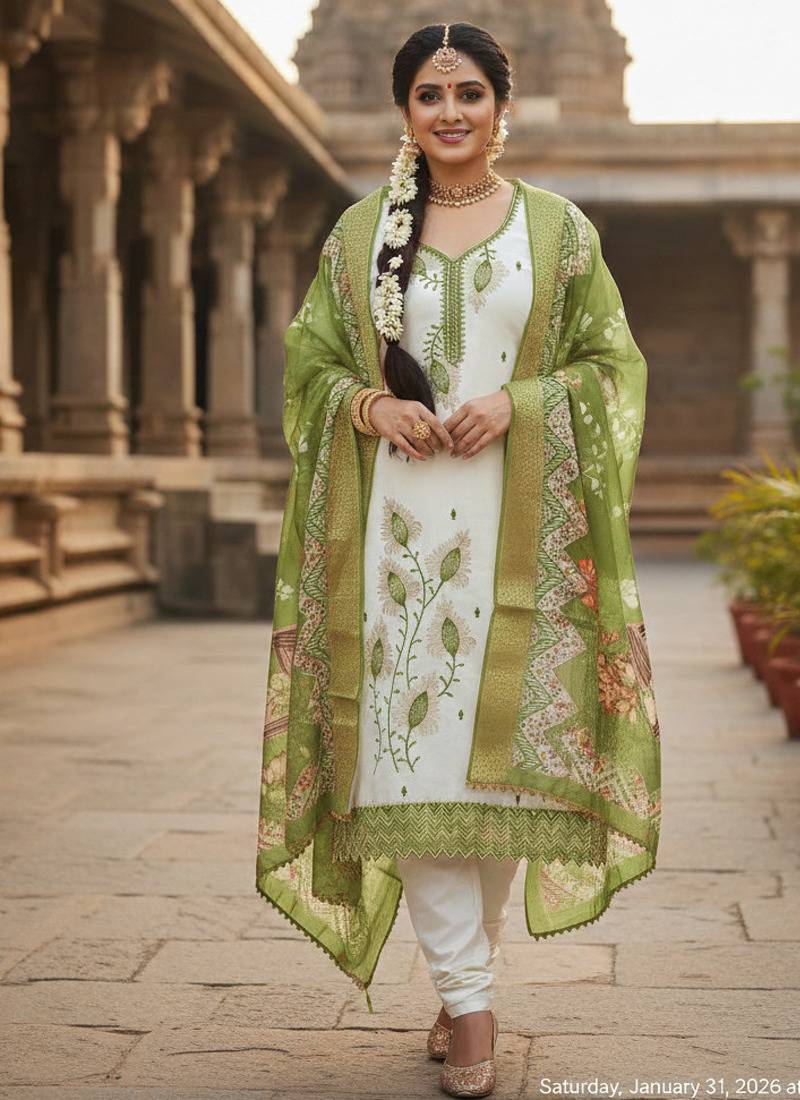 white embroidered roman silk unstitched dress material 