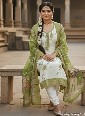 white embroidered roman silk unstitched dress material  2