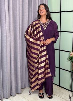 wine color handwork neckline mull chanderi kurti palazzo set 1