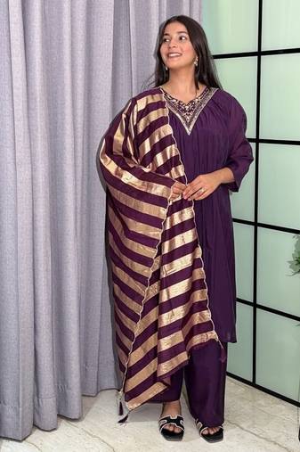 wine color handwork neckline mull chanderi kurti palazzo set