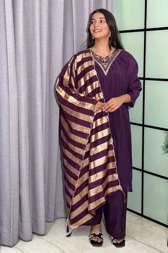 wine color handwork neckline mull chanderi kurti palazzo set