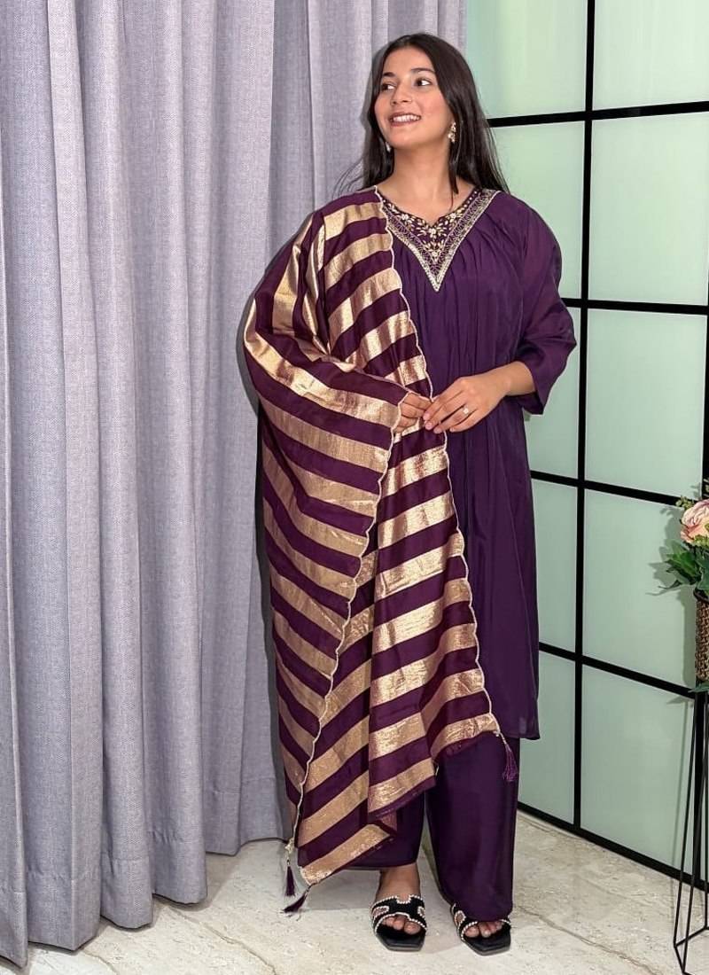 wine color handwork neckline mull chanderi kurti palazzo set
