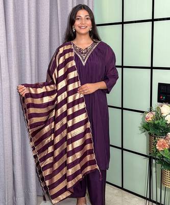 wine color handwork neckline mull chanderi kurti palazzo set 2