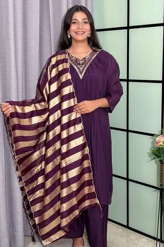 wine color handwork neckline mull chanderi kurti palazzo set
