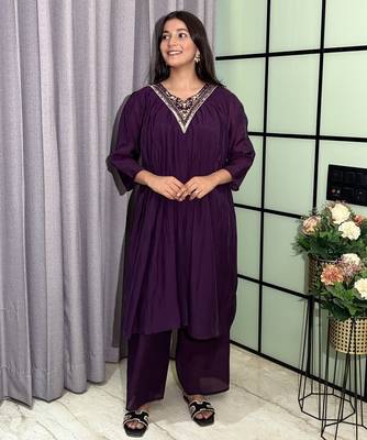 wine color handwork neckline mull chanderi kurti palazzo set 3