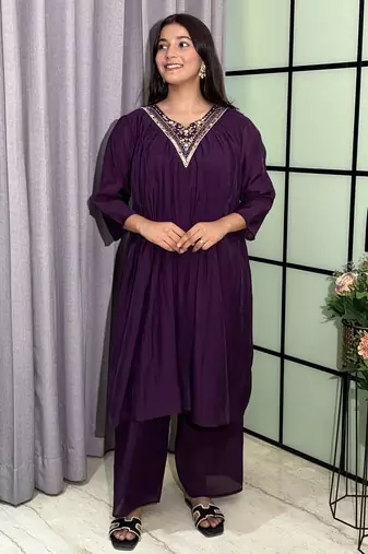 wine color handwork neckline mull chanderi kurti palazzo set