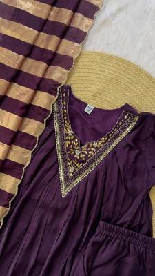 wine color handwork neckline mull chanderi kurti palazzo set 4