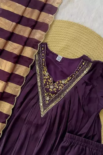 wine color handwork neckline mull chanderi kurti palazzo set