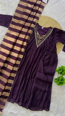wine color handwork neckline mull chanderi kurti palazzo set 5