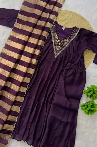 wine color handwork neckline mull chanderi kurti palazzo set