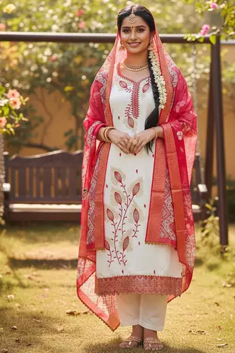 white embroidered roman silk unstitched dress material 
