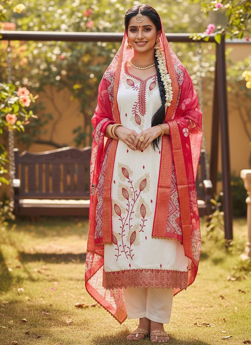 white embroidered roman silk unstitched dress material 