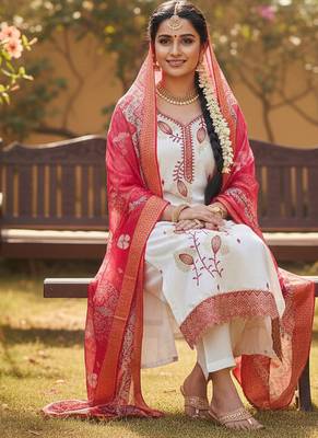 white embroidered roman silk unstitched dress material  2