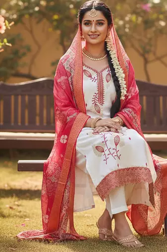 white embroidered roman silk unstitched dress material 