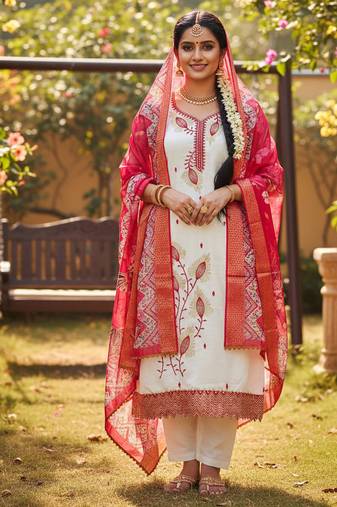 white embroidered roman silk unstitched dress material 