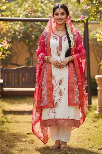 white embroidered roman silk unstitched dress material 
