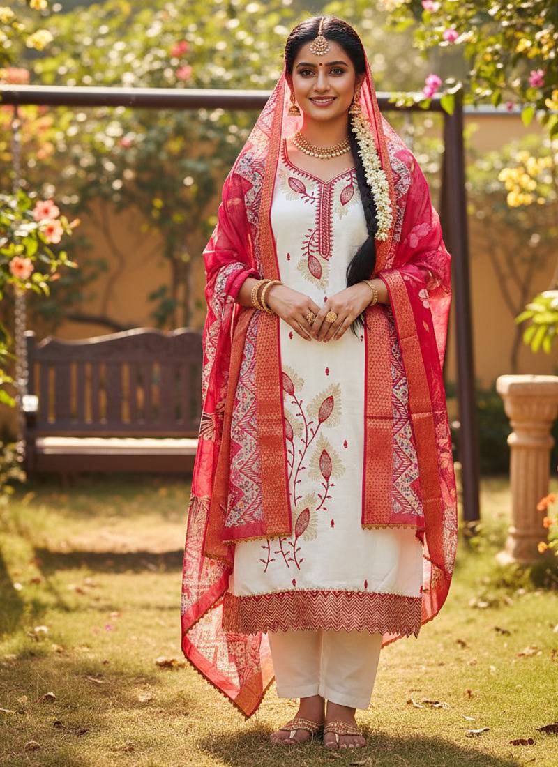 white embroidered roman silk unstitched dress material 