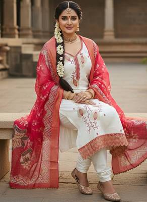 white embroidered roman silk unstitched dress material  2