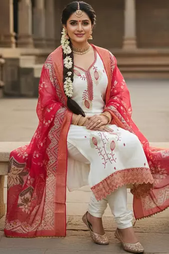 white embroidered roman silk unstitched dress material 