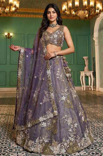 Women's Shde of Purple Tissue beads sequince Embroidered Lehenga Choli with Dupatta