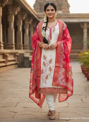 white embroidered roman silk unstitched dress material  3