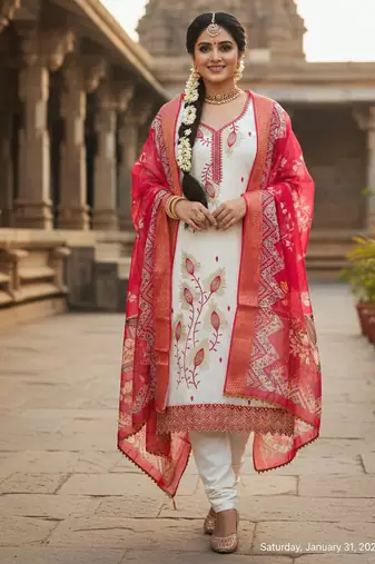 white embroidered roman silk unstitched dress material 