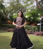 Black Kora Cotton Navratri Lehenga Choli with Kutchi Patch Work | Fully Stitched Chaniya Choli for Navratri