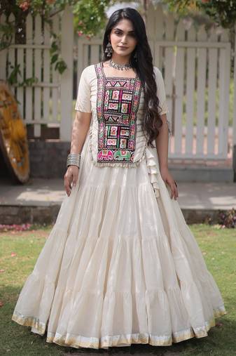 WHITEKora Cotton Navratri Lehenga Choli with Kutchi Patch Work | Fully Stitched Chaniya Choli for Navratri