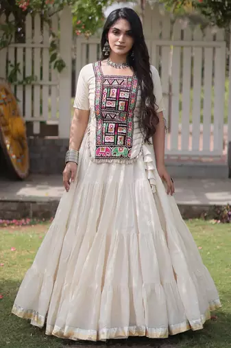 WHITEKora Cotton Navratri Lehenga Choli with Kutchi Patch Work | Fully Stitched Chaniya Choli for Navratri