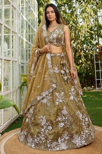 Women's Gold Tissue beads sequince Embroidered Lehenga Choli with Dupatta