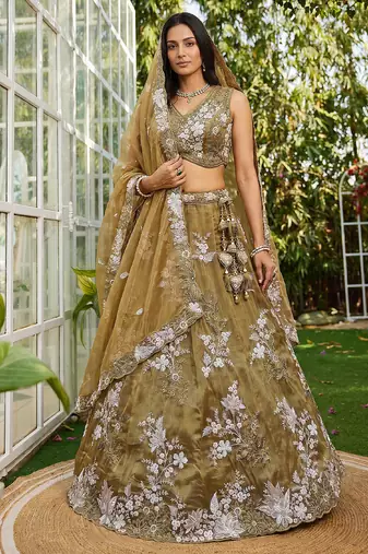 Women's Gold Tissue beads sequince Embroidered Lehenga Choli with Dupatta