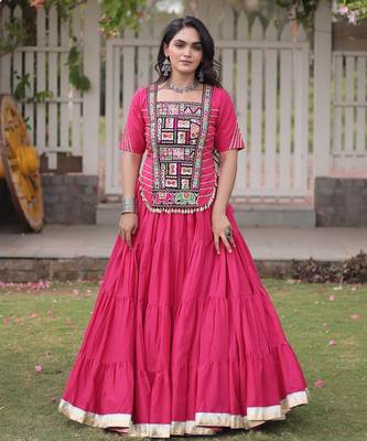 PINK Kora Cotton Navratri Lehenga Choli with Kutchi Patch Work | Fully Stitched Chaniya Choli for Navratri 1
