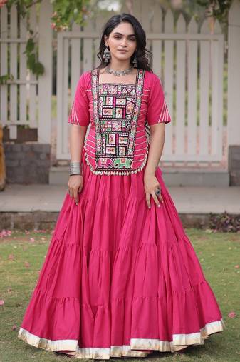 PINK Kora Cotton Navratri Lehenga Choli with Kutchi Patch Work | Fully Stitched Chaniya Choli for Navratri