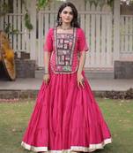 PINK Kora Cotton Navratri Lehenga Choli with Kutchi Patch Work | Fully Stitched Chaniya Choli for Navratri