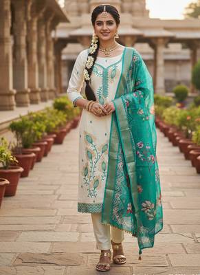 white embroidered roman silk unstitched dress material  1