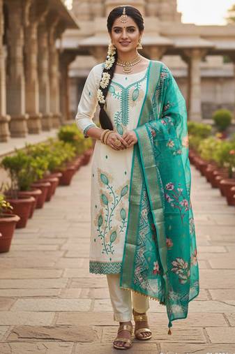 white embroidered roman silk unstitched dress material 