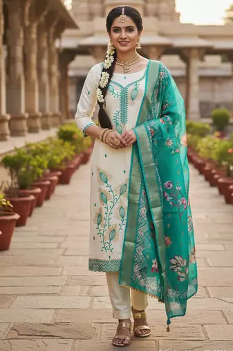 white embroidered roman silk unstitched dress material 