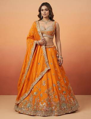 Orange Tissue with Colourful Peacock Embroidery Semi-Stitched Lehenga Set 1