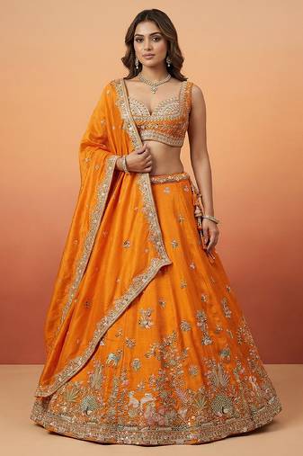 Orange Tissue with Colourful Peacock Embroidery Semi-Stitched Lehenga Set