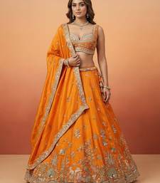 Orange Tissue with Colourful Peacock Embroidery Semi-Stitched Lehenga Set