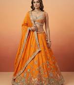 Orange Tissue with Colourful Peacock Embroidery Semi-Stitched Lehenga Set