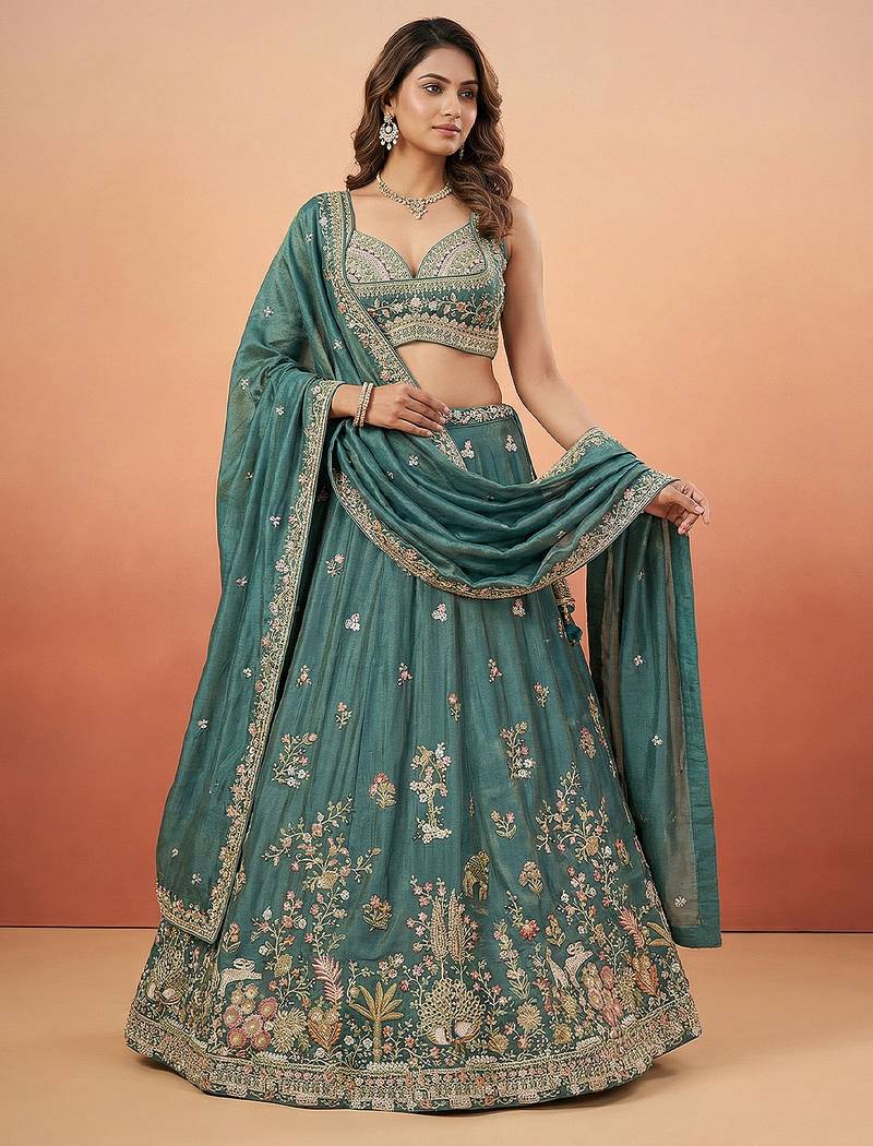 Green Tissue Sequience Thread Embroidered Semi-Stitched Lehenga