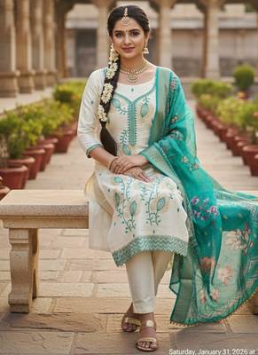 white embroidered roman silk unstitched dress material  2