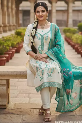 white embroidered roman silk unstitched dress material 