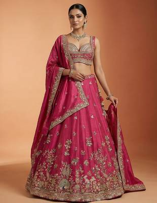 Pink Tissue Sequience Thread Embroidered Semi-Stitched Lehenga 5